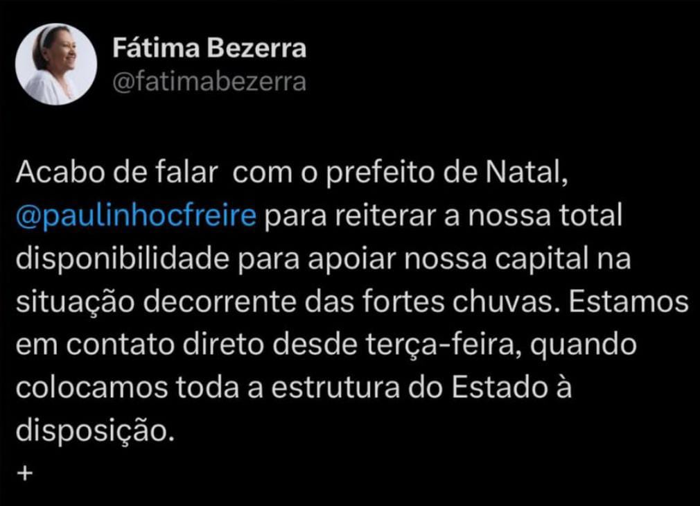 Fátima reitera a Paulinho Freire ‘total disponibilidade’ para apoiar ações da Prefeitura em decorrência das fortes chuvas em Natal