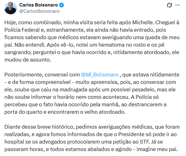 Carlos diz que encontrou Bolsonaro com “hematoma no rosto e os pés sangrando” durante visita ao pai na PF