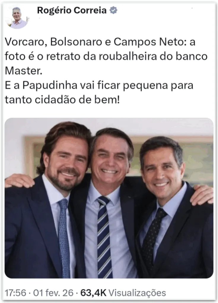 Petista posta foto falsa de Bolsonaro, Vorcaro e Campos Neto e apaga após reação
