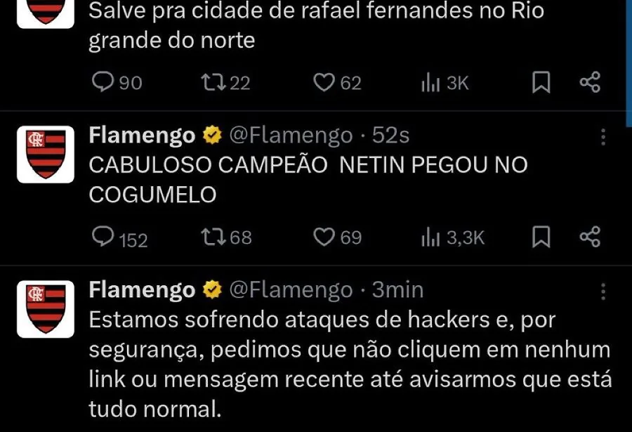 Perfil do Flamengo é hackeado durante final da Recopa e cita município potiguar