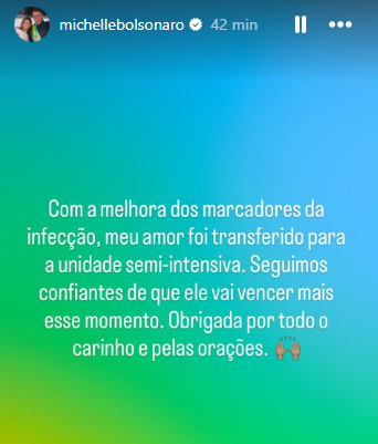 Bolsonaro melhora, deixa a UTI e é transferido para unidade semi-intensiva, diz Michelle