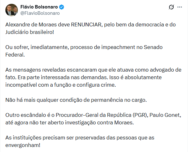 Flávio Bolsonaro diz que Moraes deve renunciar ou sofrer impeachment, pelo bem da democracia e do Judiciário brasileiro