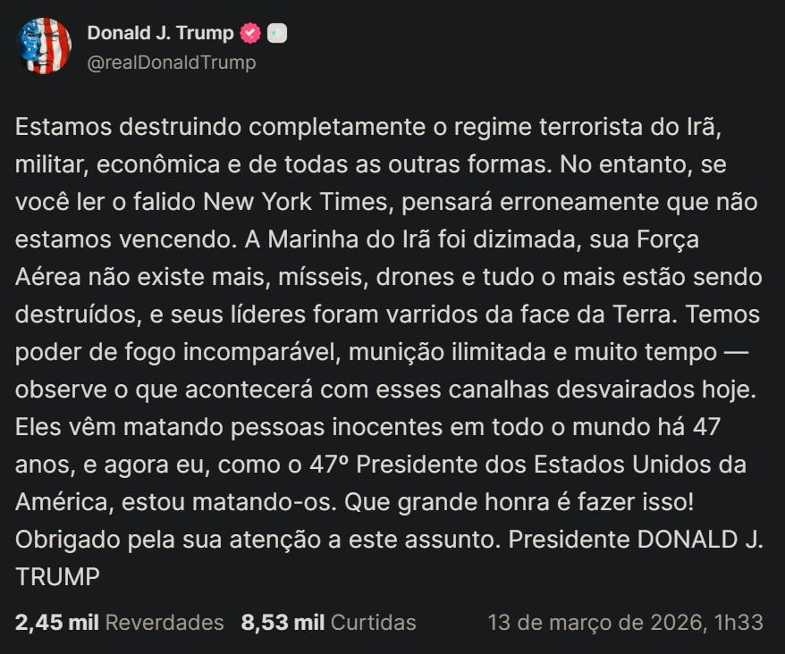 Trump afirma que os EUA estão “destruindo totalmente” o regime do Irã