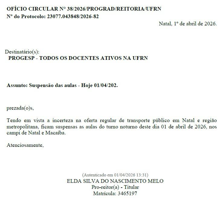 UFRN suspende aulas devido à insegurança