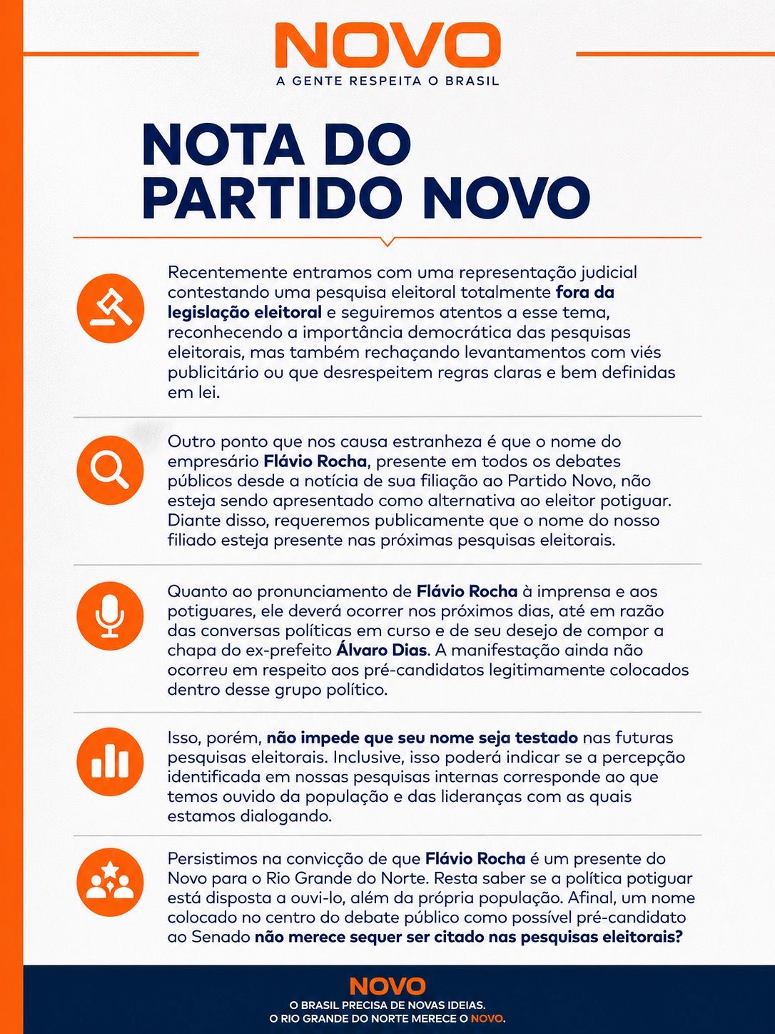 Partido NOVO solicita que o nome de Flávio Rocha seja colocado em pesquisas para o senado