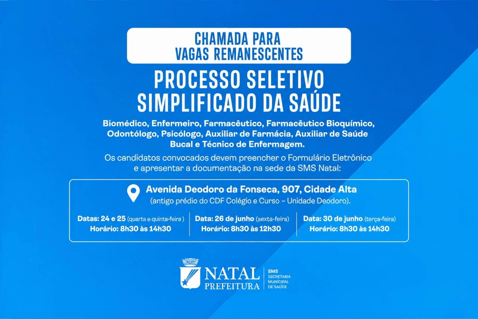 Prefeitura do Natal convoca 257 profissionais para vagas remanescentes do processo seletivo da Saúde