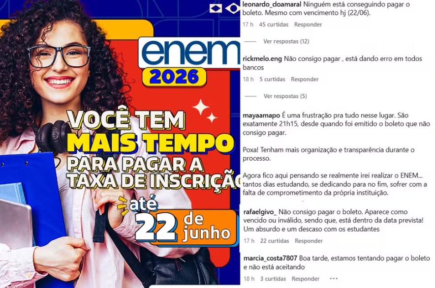 ENEM 2026: pagamento da taxa de inscrição é recusado mesmo dentro do prazo; PIX e boletos aparecem como ‘vencidos’ e estudantes reclamam