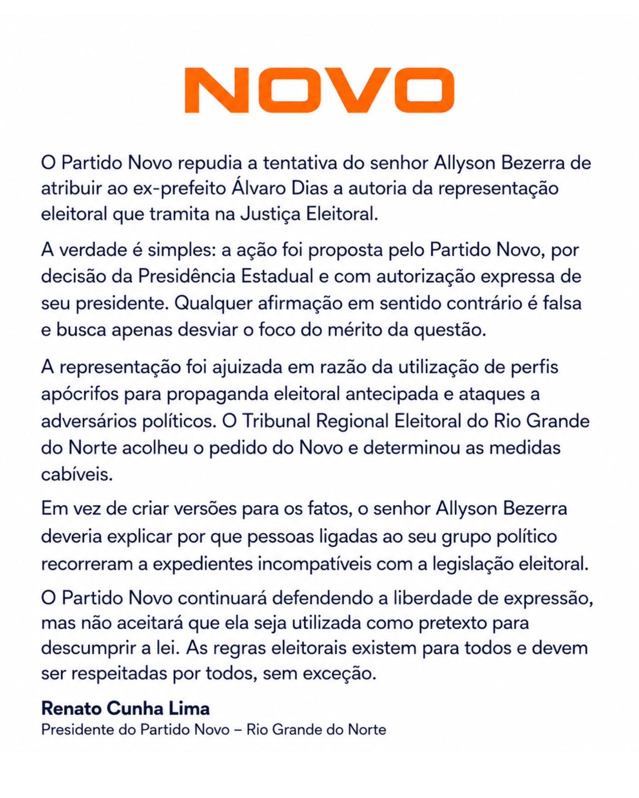Renato Cunha Lima, Presidente do Novo no RN, solta nota desmentindo Allyson Bezerra