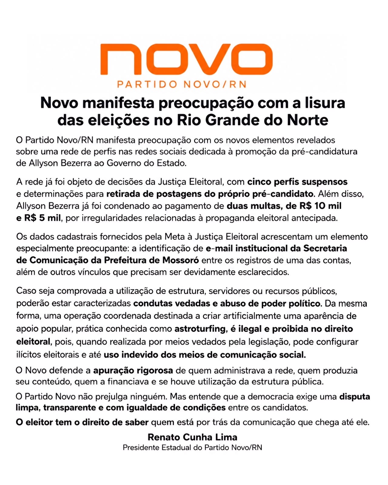 Partido NOVO solta mais uma nota oficial preocupado com a lisura das eleições no Rio Grande do Norte