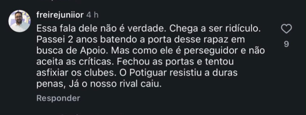 “Essa fala não é verdade. Chega a ser ridículo e ele é perseguidor”, diz ex-presidente do Potiguar após Allyson prometer apoio aos clubes do RN