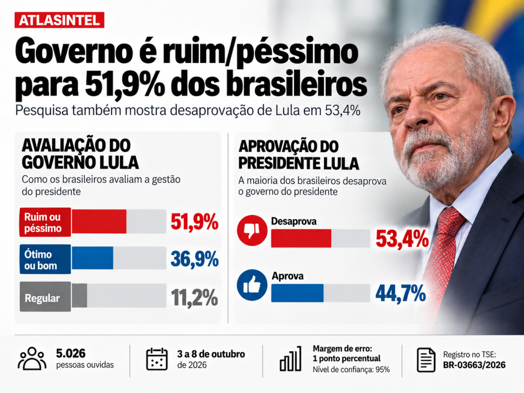 ATLASINTEL: Desaprovação de Lula chega a 53,4% e 51,9% avaliam governo como ruim ou péssimo